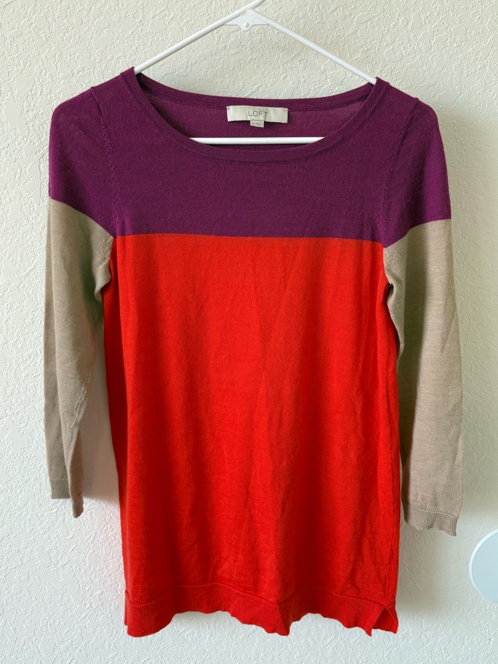 LOFT Purple, Red & Tan Colorblock Boatneck Sweater